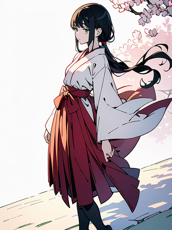 ((((masterpiece, Best Quality, Ultra-high resolution, Best illustrations)))), ((Portrait of a person standing against a white background)), (Very delicate and cute face, Sparkling Eyes), A beautiful 18-year-old shrine maiden girl named "Midori" is standing diagonally to the left alone., She is wearing a wooden sword at her waist., smile, Medium length black hair, Clean green eyes, Long red Hakama, long boots,