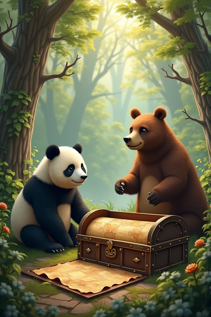 Make a picture of a panda bear and a brown bear and a chest full of old maps