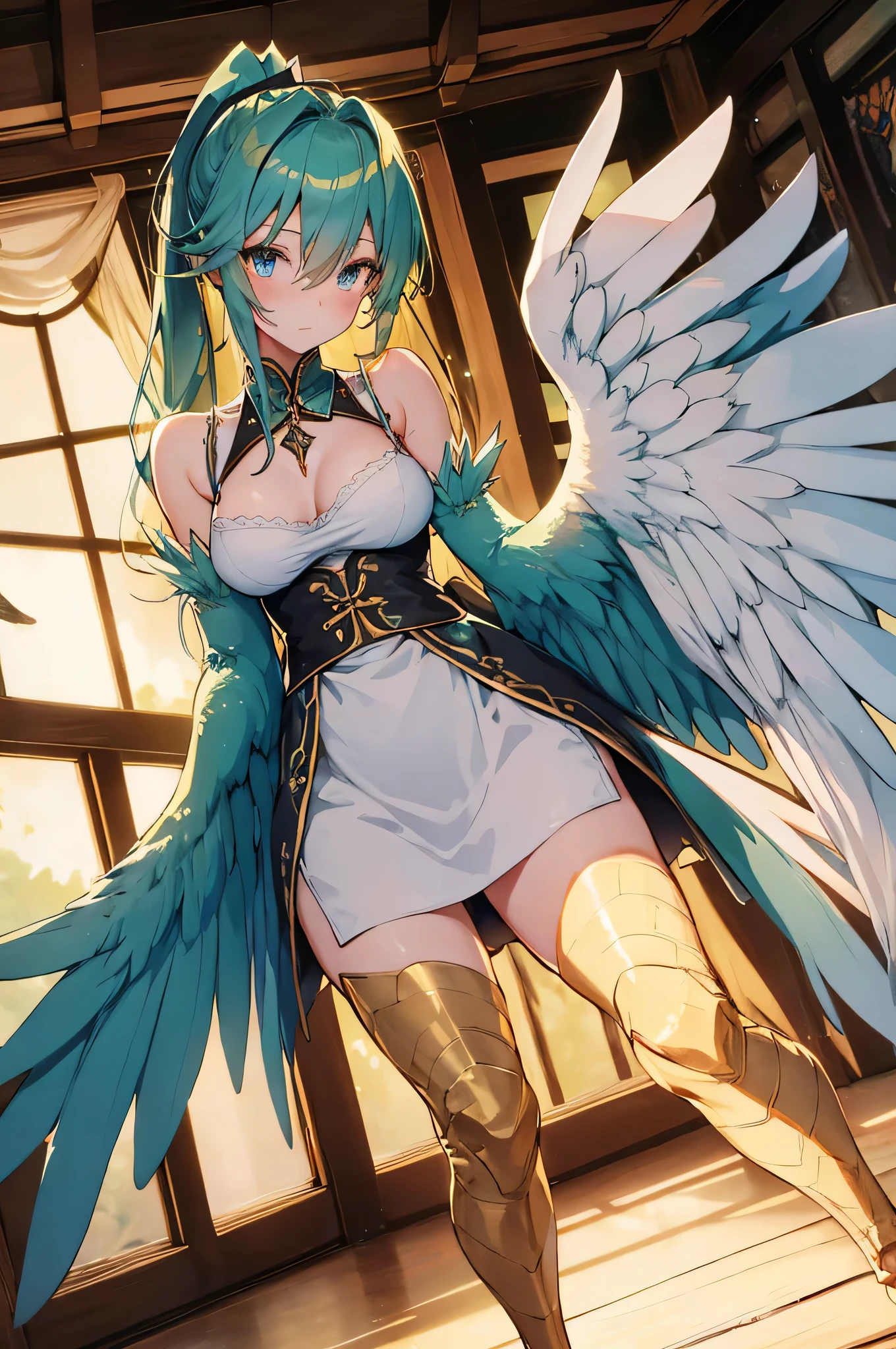 4K,High resolution,One Woman,Harpy,Green Hair,Long Ponytail,Blue eyes,Big Breasts,White Wings,Golden toenails,maid,White maid's clothes,Jewelry decoration,Medieval town