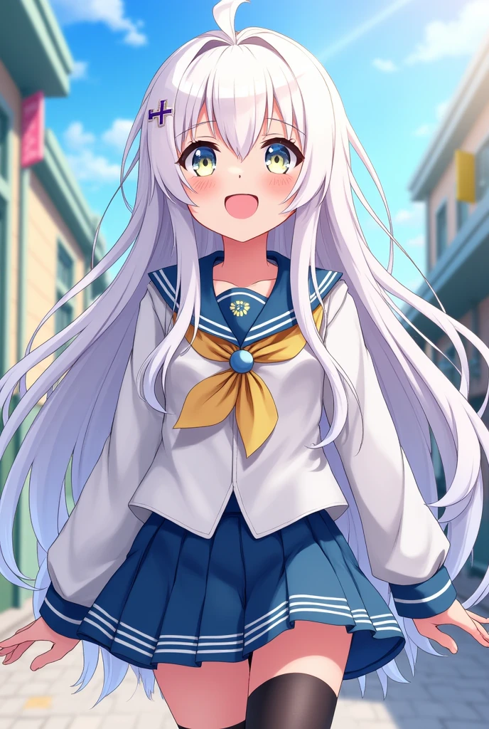 Wallpaper:anime style genshi impact has long white hair and long white eyes and etsa happy with a school uniform