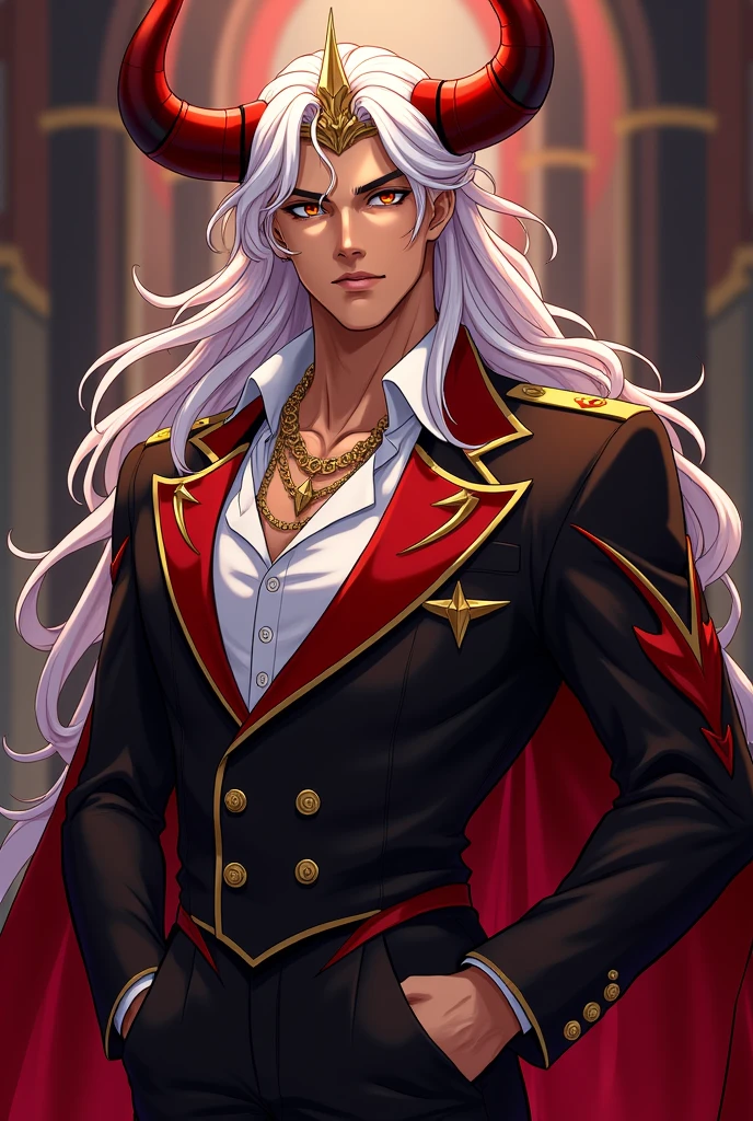 Create an anime style image of my character: His name is Asmodeus, King of the circle of hell of lust. He looks about 2. stomach 1.90 m, He has long white hair with crimson red tips.. Her skin is caramel-colored and her eyes are amber-colored.. He is very handsome, with an inverted triangle body type (shoulders wider than hips), a mesomorph body type. he is muscular, and has a golden crown that resembles the horns of a bull. He walks in a suit that resembles the suit of bullfighters, but it is less dramatic, white shirt with crimson red and gold details, and black pants with gold details. It does not have wings, he wants to. And her eyelashes and eyebrows are white. She has golden necklaces