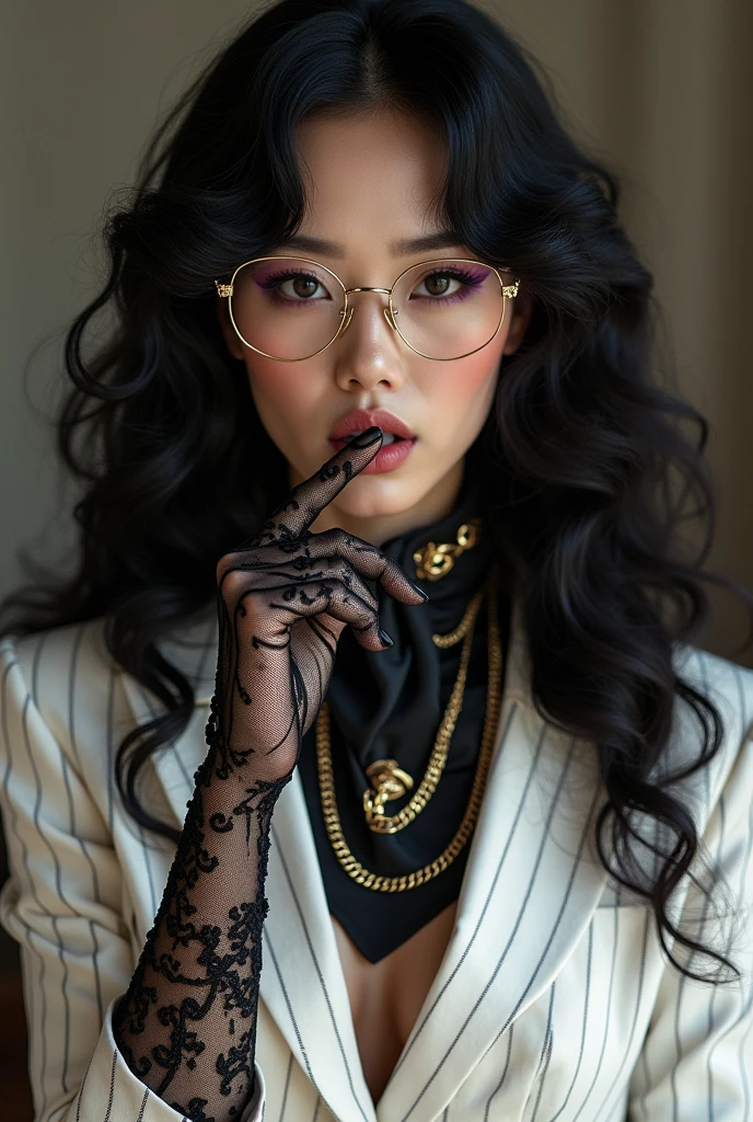 With long, curly black hair、Heavy makeup and purple eyeshadow、Dark eyeliner、Around her neck she wears a ribbon-shaped satin black and gold chain patterned scarf.、Wearing gold-rimmed glasses、Long black lace gloves made of transparent material、A Japanese woman in her 50s wearing a striped white suit is licking her fingers obscenely with her tongue、