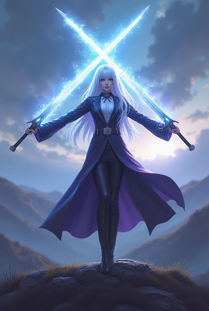 a girl with white hair, violet eyes, wearing general's clothes, holding two swords above his head in an x shape, on top of a hill, with magic in the swords