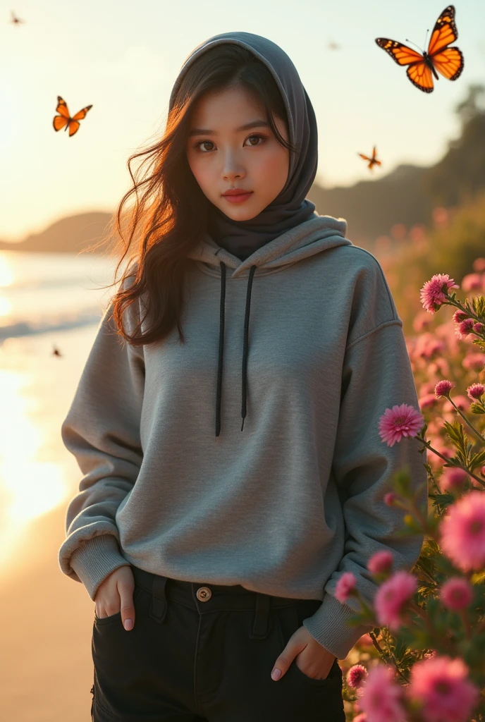 Best quality, girl 1, gray hoodie, black cargo pants, on the beach, bright light, cool appearance, brown eyes, body visible to thighs, beach background With sun reflection, and beautiful flowers surrounded by colorful butterflies -colorful, dark gray hijab, curly eyelashes, korean face, korean race, korean beauty, beautiful girl, korean face, beautiful lips, sexy lips, sexy face.realistic real photo, studio