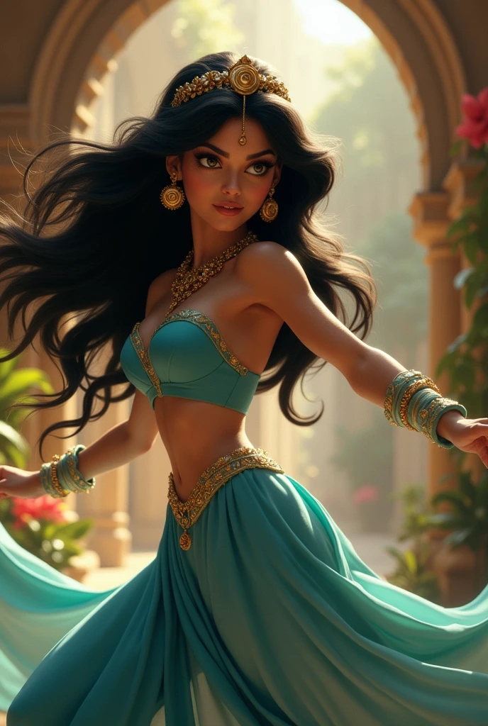 Stunning Princess Jasmine, photo in 8k, in action, cinematic.