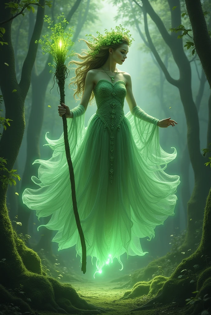 Un esprit de la forêt apparaissant : Une apparition éthérée d'un esprit protecteur de la forêt, flottant au-dessus du sol. L'esprit a une apparence féminine, avec des cheveux faits de feuillage et une robe formée de lumière verte scintillante, tenant un bâton en bois ancien.