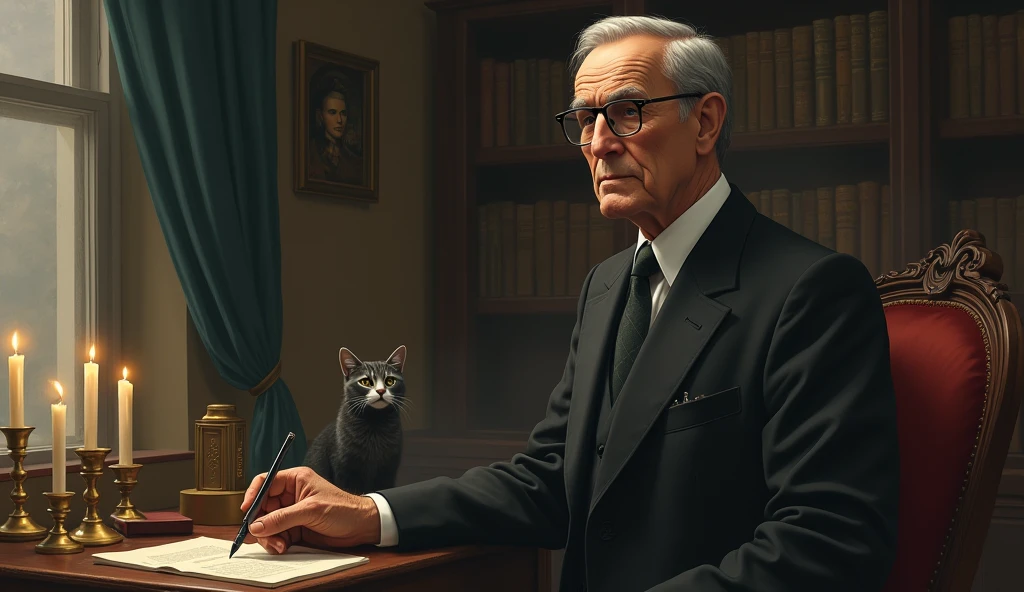 An elderly man with a thin, serene and contemplative expression. He has short, dark hair, slightly balding in the front, slightly graying, no beard, and wears a classic 1930s suit, with small, square, prescription glasses, and a discreet tie. Cayce is standing next to a vintage-looking chair in a setting reminiscent of an old office with 3 candles on the table and a cat, with books and papers in the background. The soft, diffuse lighting highlights his face, conveying an aura of wisdom and introspection. In one hand, he holds a prophecy object, symbolizing his knowledge and psychic abilities. The scene has a nostalgic and mysterious tone, reflecting the enigmatic nature of his predictions and readings.