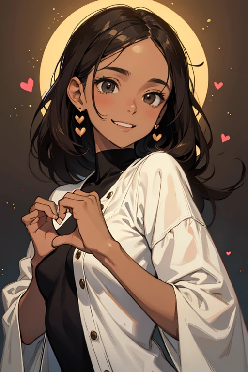 light brown-skinned woman, medium dark hair, black eyes with dark circles, Skinny body, with loose clothing and a happy expression forming a heart with her hands
