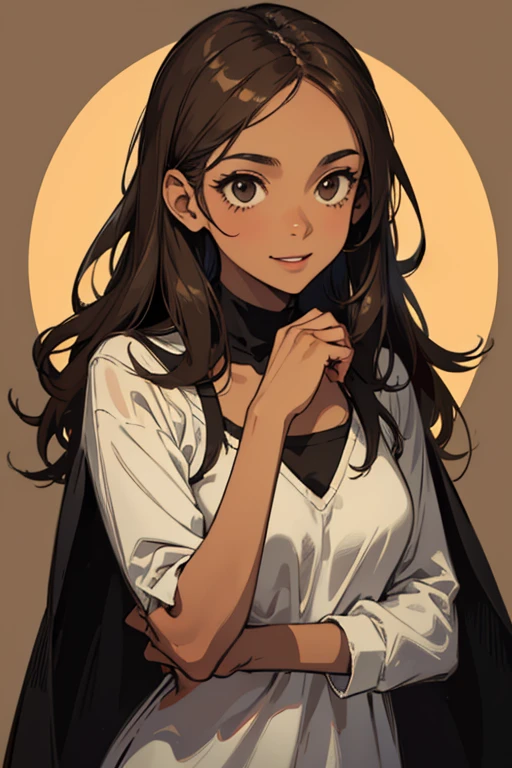 light brown-skinned woman, medium dark hair, black eyes with dark circles, Skinny body, with loose clothing and a happy expression forming a heart with her hands