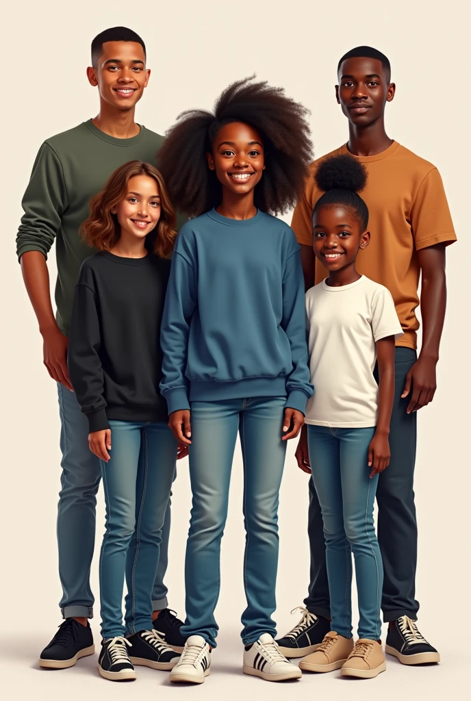 Create a drawing with 6 people .5 girls and a boy ,tall black ,shaven hair, the characteristics of the first girl is : medium curly hair,  eyes browns ,chestnut hair ,Caucasian skin ,blue sweatshirt and jeans  .Characteristics of the second girl : big hair ,smooth and black , brown skin ,black eyes , black sweatshirt and jeans , the third girl : skin black , eyes browns , curry hair,white blouse and jeans,.