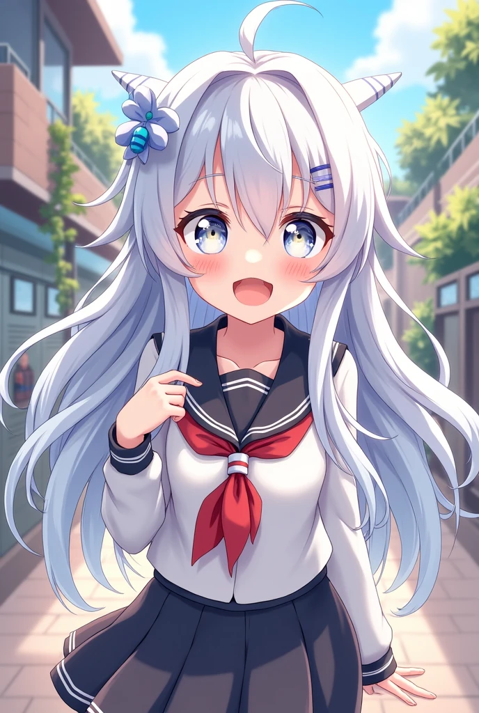 Wallpaper:anime style genshi impact has long white hair and long white eyes and etsa happy with a school uniform