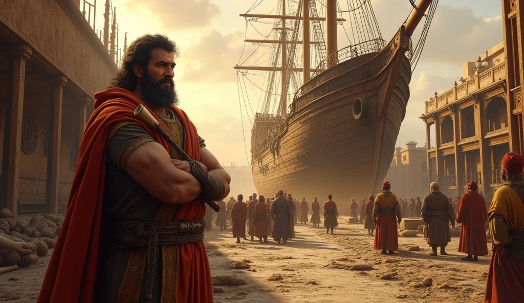 Create a hyper-realistic and mysterious image of a ship being built in a shipyard in biblical times, with workers busy hammering and assembling the ship's frame. Solomon is at the pier, with arms crossed, observing the progress with an expression of satisfaction, holding a rolled up parchment containing the detailed plans of the ship. The scene should capture the frenetic and organized activity of the shipyard, illuminated by a golden sunset light, symbolizing the planning required for large-scale undertakings and the prosperity that comes from meticulous execution of plans.