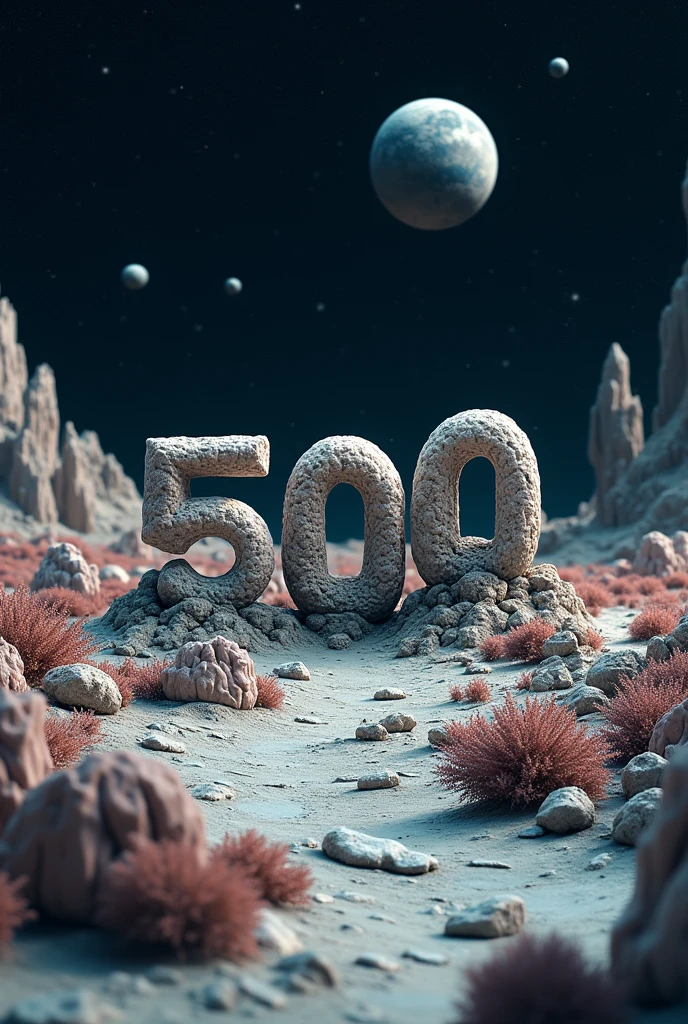 An otherworldly landscape filled with abstract geometrical hills and rocks scattered around. The ground is filled with rocks and weird low flora. Floating geometrical 3D shapes levitating above ground ground all over. The word "500" made of 3D alien mineral and is on the center of the scene emerging from the ground. It's night time and the sky is pitch black full of stars and planets very visible. Realistic, hyperrealism, high resolution, extreme details, extreme quality, volumetric lighting, sharp details, 4k hdr
