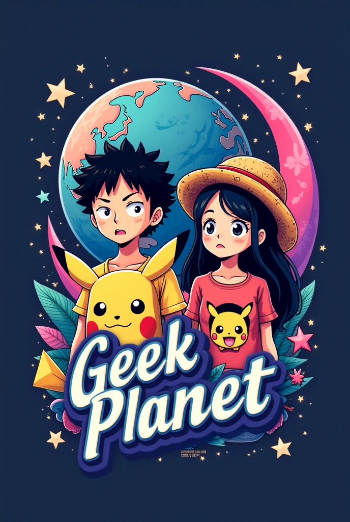 Un logo con un 🌎 en el fondo, with stars, heart and a crescent moon (pink and purple colors), Up ahead some anime figures of a boy with black curly hair and the girl with long black hair wearing Pikachu shirts and ears or a straw hat (Luffy de one piece), the name of Geek Planet in the middle of the logo (Vivid colors throughout the image) and the white background