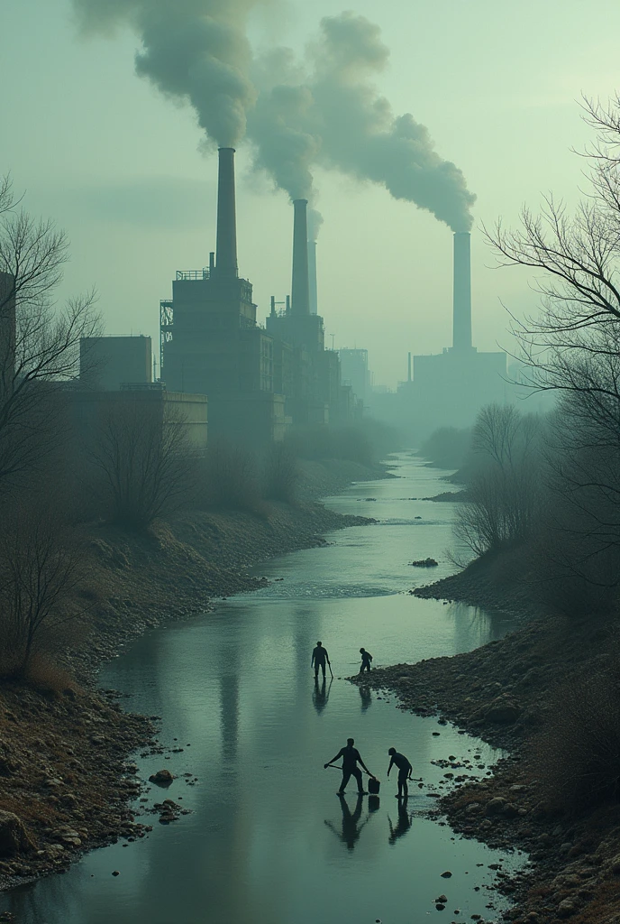 humans dump toxic waste from factories and laboratories into the river, making the water appear increasingly murky and polluted and the background of smoky factories humans throw toxic waste from factories and laboratories into the river, making the water look increasingly cloudy and polluted and the background of the smoky factory humans are dumping toxic waste from factories and laboratories into the river, making the water appear increasingly cloudy and polluted and the factory background smoky 