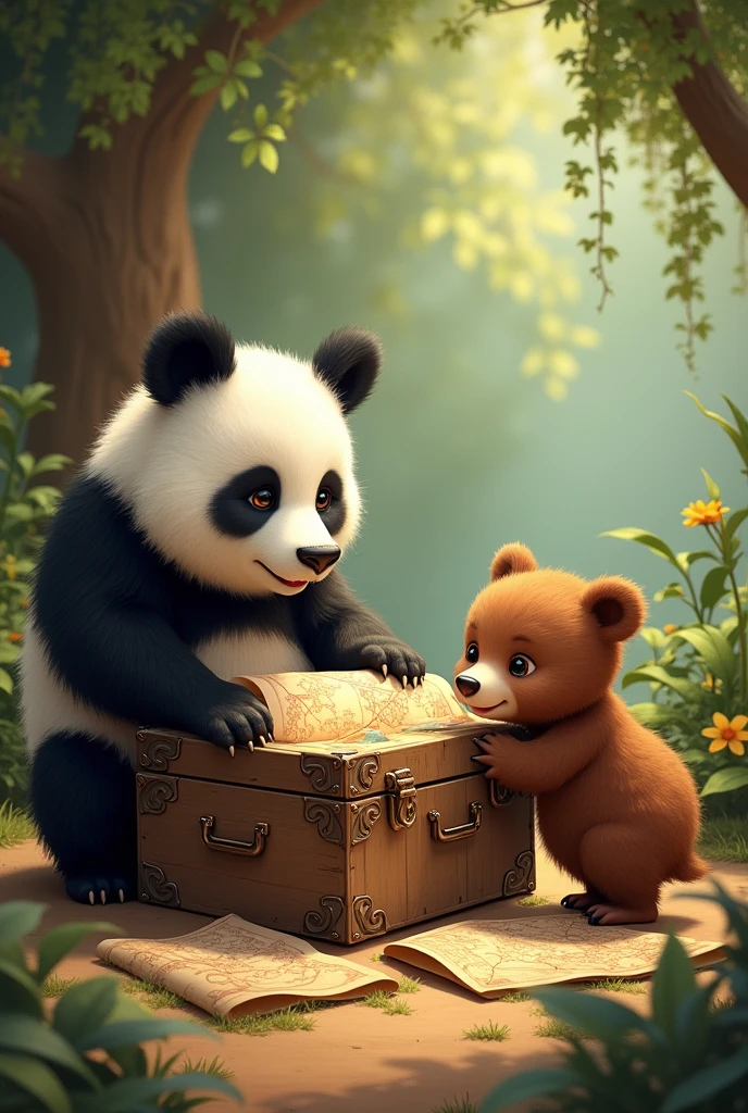 Make a picture of a panda bear and a little brown bear and a chest full of old maps the little brown bear