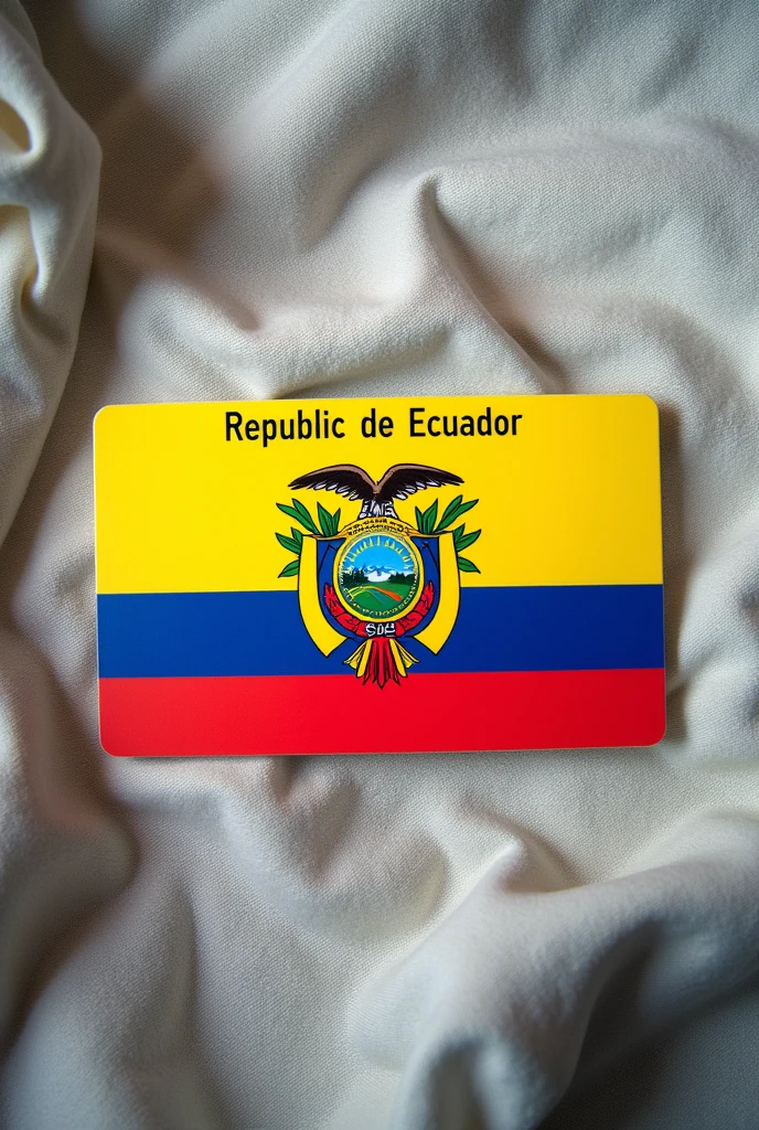 Ecuadorian citizenship card in color , with the coat of arms of Ecuador in the center , above the text REPUBLIC OF ECUADOR, next to the flag of Ecuador . A box for the photo on the left side