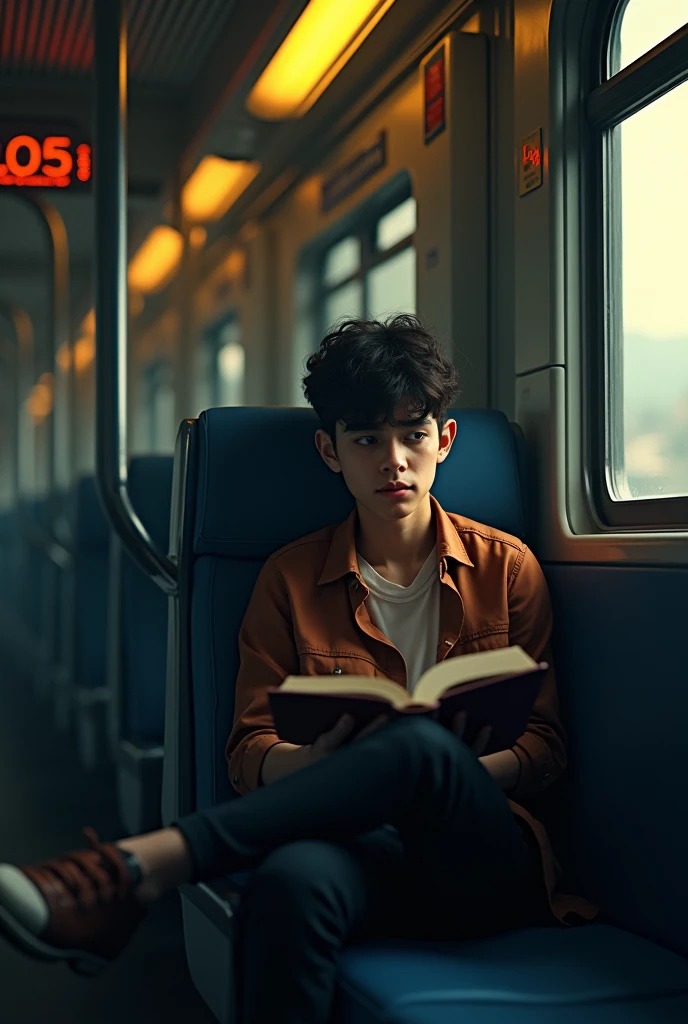 18 year old COLOMBIAN man, who finds himself sitting alone on a train reading a book, where he and the destination indicator stand out, where the vanishing point is evident