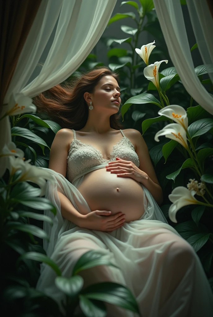 Pregnant woman lying down, 9 meses, photo book, Fluttering fabric,
religious scenario , many peace lilies,