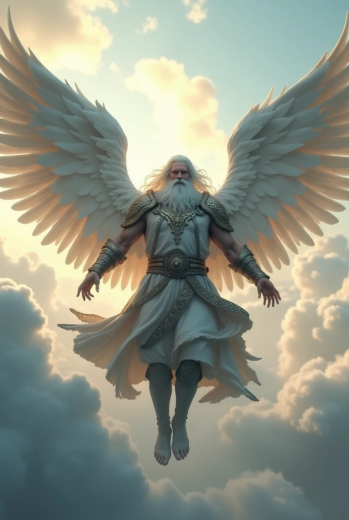 warrior angel strong man with white hair and white beard wings, between clouds flying in the sky, with clothes from the middle ages