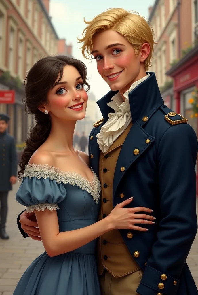 Smiling couple from 1810 in London, England. Short woman with dark blonde hair, BLUE DRESS. Tall man with blond hair and blue eyes