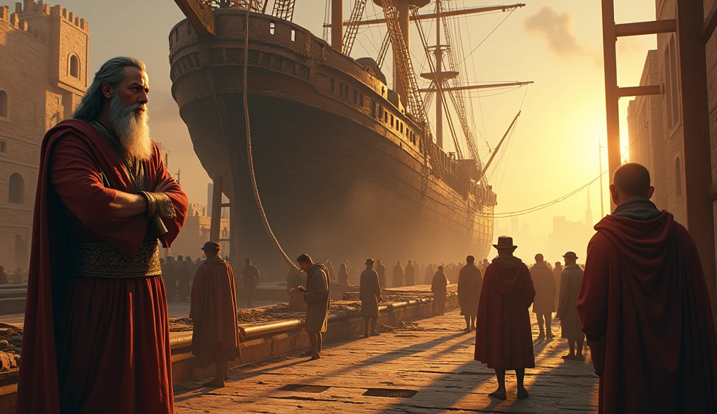 Create a hyper-realistic and mysterious image of a ship being built in a shipyard in biblical times, with workers busy hammering and assembling the ship's frame. Solomon is at the pier, with arms crossed, observing the progress with an expression of satisfaction, holding a rolled up parchment containing the detailed plans of the ship. The scene should capture the frenetic and organized activity of the shipyard, illuminated by a golden sunset light, symbolizing the planning required for large-scale undertakings and the prosperity that comes from meticulous execution of plans.