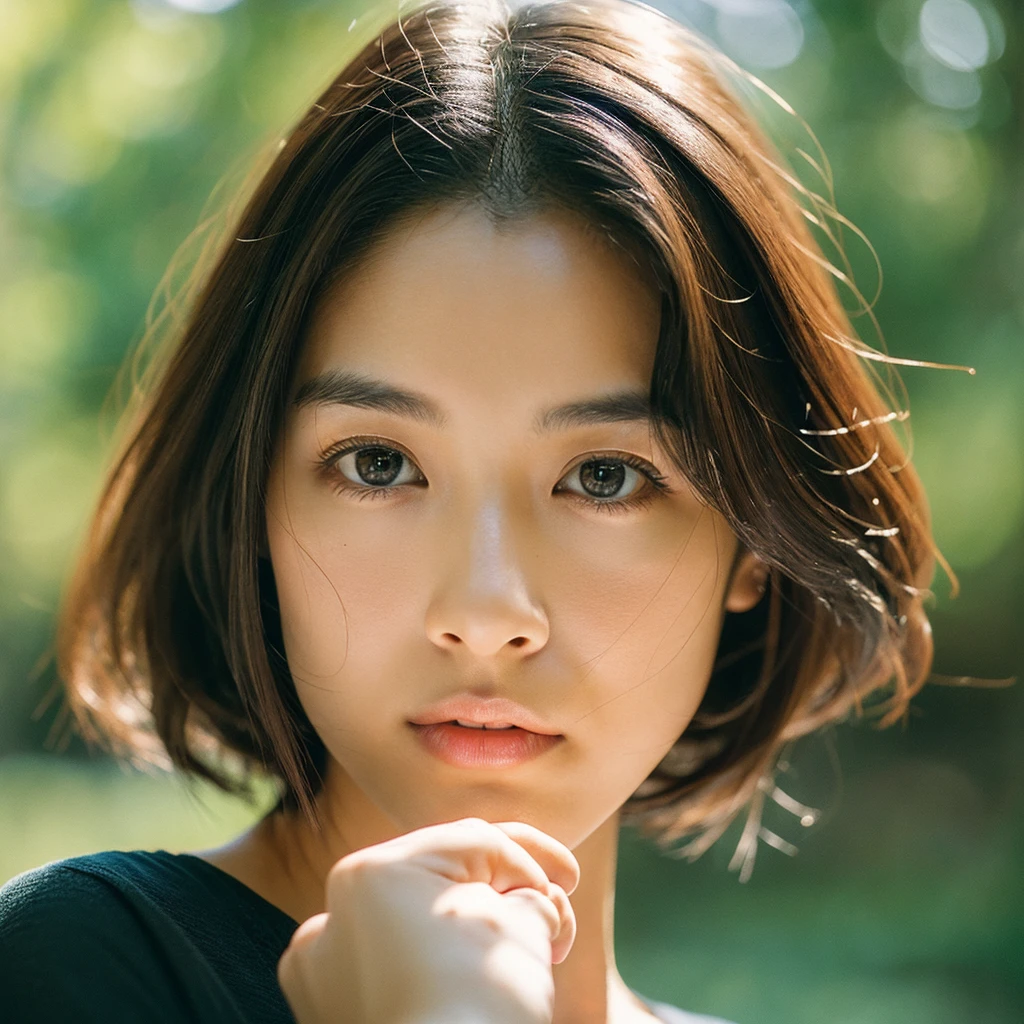 A hyper-realistic image of a single Japanese woman in her early 20s, captured with the nostalgic warmth and subtle graininess of a film camera. Her skin has a warm beige tone with a natural, slightly rough texture that includes visible pores, fine lines, and subtle imperfections such as small blemishes, adding to the authenticity of her appearance. The soft, diffused natural light enhances the film-like quality, casting gentle shadows that create a timeless, organic feel. Her straight, glossy black hair frames her face in a natural, slightly tousled manner, and her deep brown eyes reflect the ambient light, adding depth and emotion. The film camera effect introduces a slight grain and a softer focus, giving the image a warm, nostalgic atmosphere while maintaining the realistic texture of her skin. She is dressed simply, in a way that complements her natural beauty, with the overall composition designed to evoke a sense of genuine, understated elegance. The use of natural light, combined with the deliberately rougher texture of her skin and the film-like qualities, ensures that this image captures the imperfections that make her beauty truly lifelike, focusing solely on this one individual.