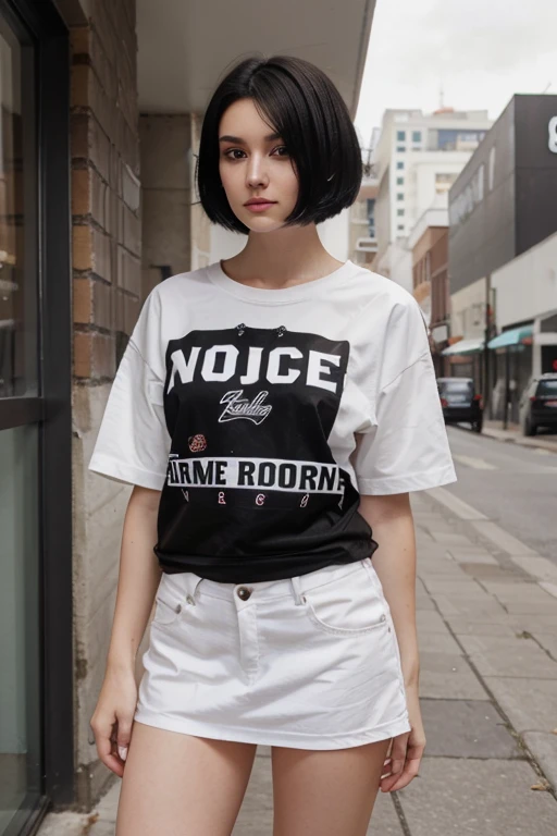 a white-skinned woman of 1,60 tall short black hair, brown eyes with e-girl clothing style