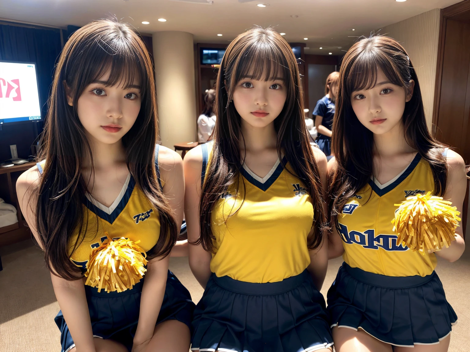 masterpiece, best quality, illustration, Super detailed, fine details, High resolution, 8K,wall paper, perfect dynamic composition,(Details High quality, realistic depiction of eyes:1.3), (3 girls), BREAK (cheerleader uniform with yellow as basic color:1.3), (holding a yellow pompoms in hand:1.4), (sleeveless yellow tunic with baseball team logo:1.4), yellow tops, (bold V-neck:1.3), ((Blue lines, black lines) on tops:1.3), ((fit and flare, A-line):1.3), (A-line yellow rah-rah skirt:1.3), mini skirt, (black socks:1.3), (sports shoes:1.2), sitting, open legs, short bob hair, in a hotel room in the background, deep on field, large breasts, black hair color, Big Natural Color Lip, (perfect body shape), crying a little、Harajuku style、20 year old girl、cute type、beautiful legs, Gravure Idol