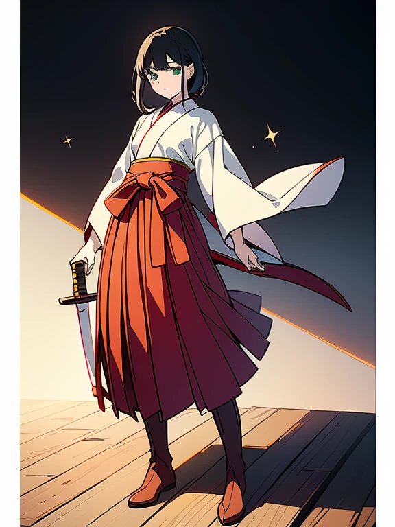 ((((masterpiece, Best Quality, Ultra-high resolution, Best illustrations)))), ((Portrait of a person standing against a white background)), (Very delicate and cute face, Sparkling Eyes), A beautiful 18-year-old shrine maiden girl named "Midori" is standing diagonally to the left alone., (((She is wearing a wooden sword at her waist.))), smile, Medium length black hair, Clean green eyes, Long red Hakama, long boots, 