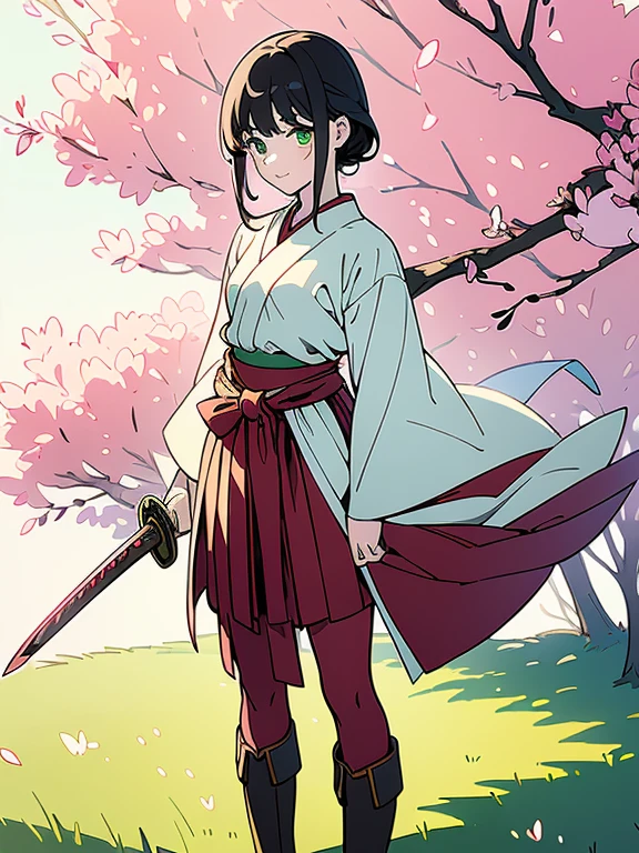 ((((masterpiece, Best Quality, Ultra-high resolution, Best illustrations)))), ((Portrait of a person standing against a white background)), (Very delicate and cute face, Sparkling Eyes), A beautiful 18-year-old shrine maiden girl named "Midori" is standing diagonally to the left alone., (((She is wearing a wooden sword at her waist.))), smile, Medium length black hair, Clean green eyes, Long red Hakama, long boots,