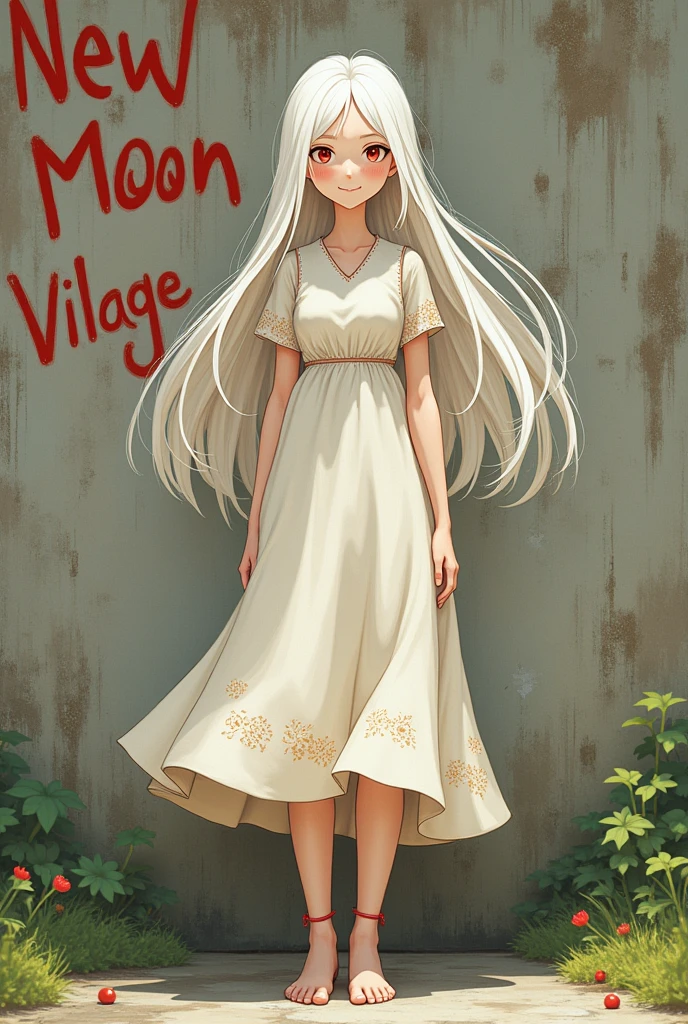 The image is Ghibli style, of a young woman of 2, who is albino and has long hair and red eyes.
She has a dress and strong legs.
His face looks smiling.
In the background of the image there is a wall that says in graffiti: New Moon Village.