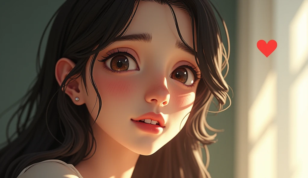 Photorealism Animations),Expressive Face: An image of a beautiful woman looking pensive with a facial expression that reflects sensitive feelings but also hopes for change., for example, someone who looks a little sad but strong or someone who smiles softly. At the right end of the frame is the Visual Accent:
Use visual elements such as lines or simple geometric shapes around the text to highlight important words..
Icon Heart: Add a small heart icon to add emotional touch and personal connection.