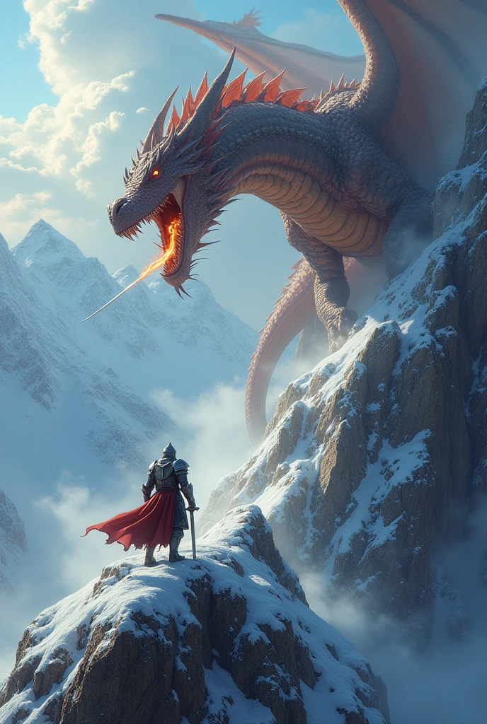 A brave knight battlee a fire breathing dragon on a treacherous mountain peak