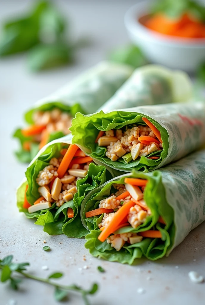 3 of vietnamese salad roll wrap salad with translucent rice paper