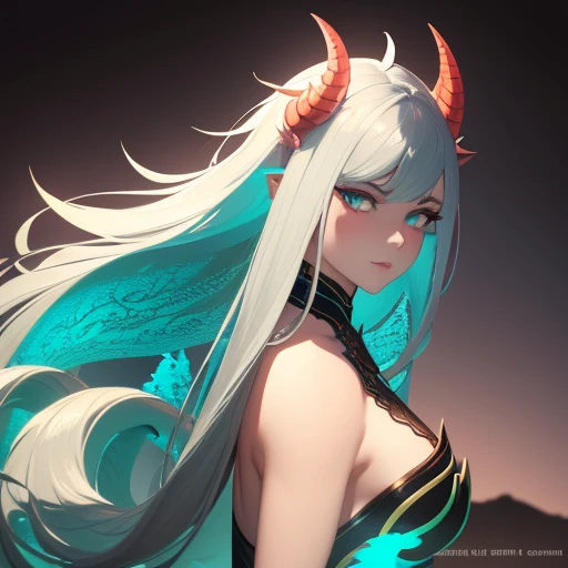 a beautiful demi-dragon girl with long white hair,detailed delicate facial features,mesmerizing eyes,elegant horns,intricate dragon-like scales on her skin,graceful pose,fantasy landscape background,cinematic lighting,vibrant colors,digital art,concept art,photorealistic,8k,highest quality,masterpiece