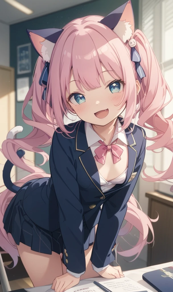 cute、Idol、upon、Con、cute、Purple and Blue Odd-Eye、Pink Hair、Long Hairstyles、Twin tails、Cat ear、Big ribbon、cute、Being spoiled、laughing、be happy、smile、Small breasts、There is a cleavage、Overall thin、Small breasts、Cat Costume、blazer、Leaning forward、Skirt Ribbon、Cat&#39;s tail