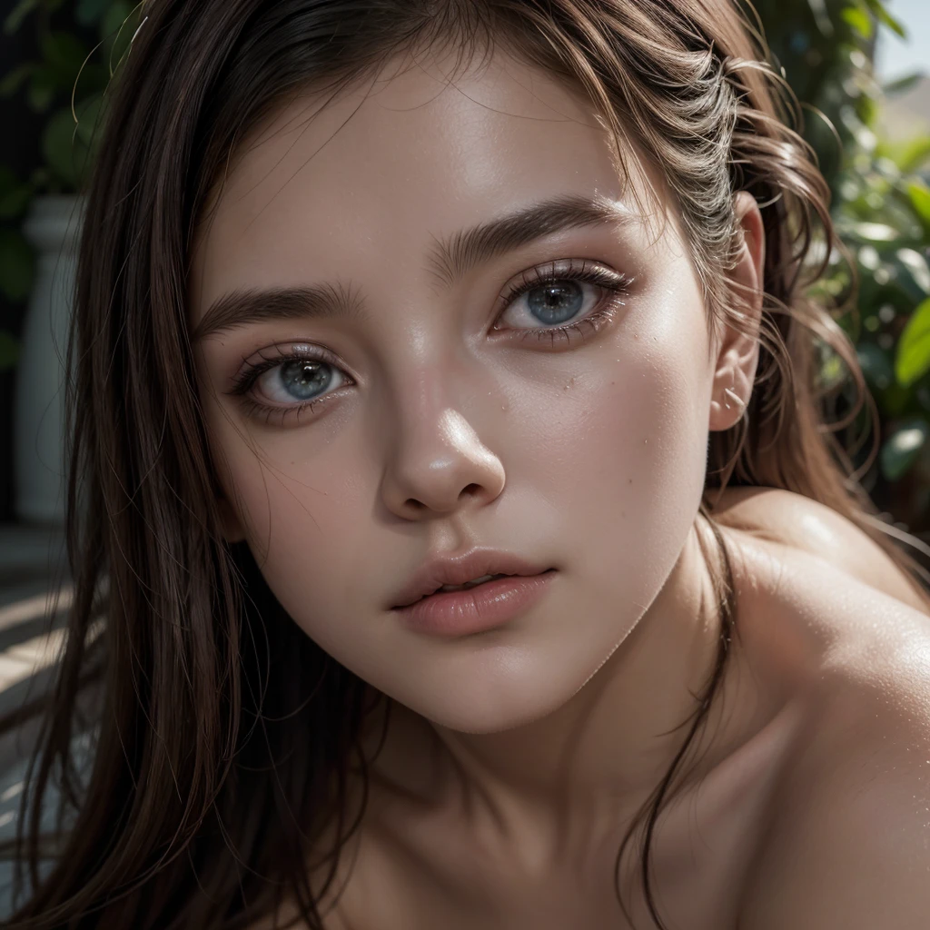 a very detailed photo of a 24 year old naked woman, full body, 4k, ultra realistic, photorealistic, hyper detailed, cinematic lighting, high quality, masterpiece, beautiful detailed eyes, beautiful detailed lips, extremely detailed face and skin, flawless skin, delicate facial features, elegant pose, graceful, serene expression, soft lighting, warm color tones, natural setting, lush greenery, atmospheric, sublime, breathtaking