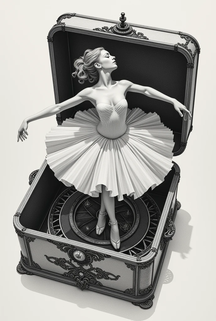 dancer in a music box, drawn and in black and white