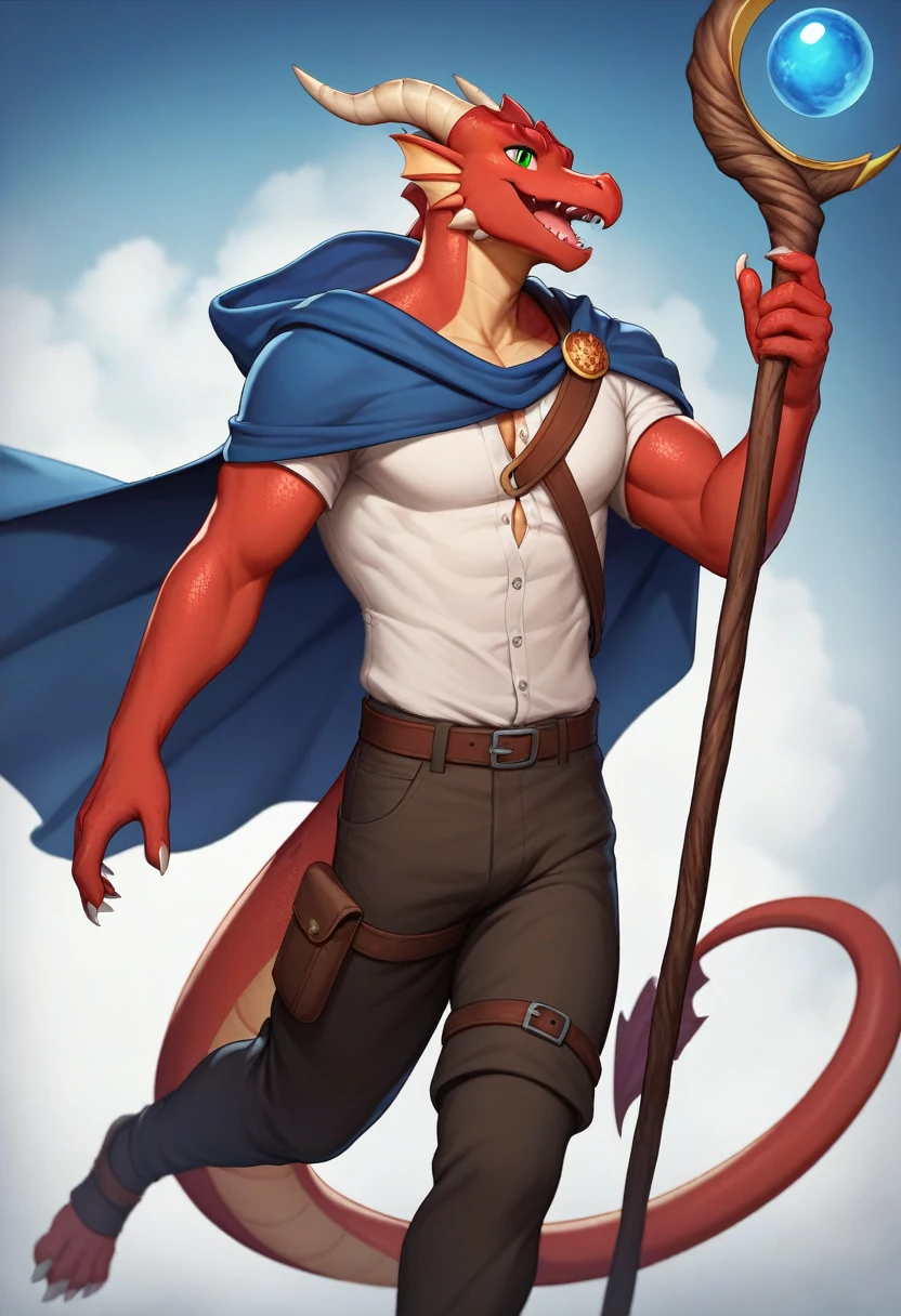 anthropomorphic, red dragonborn, open air, wizard wearing a garment that covers the entire body, illustrative art, open plan, red scales, red skinned , long blue cape, greeneyes, fabric backpack on back, Adventurer's pants, adventurer shirt, staff , 1 tail, 8k, high resolution, happy face, walking.