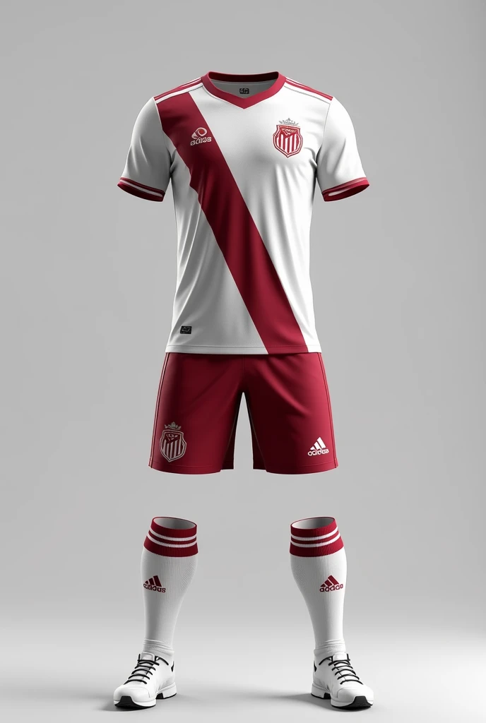 Create a complete River Plate uniform with the colors White and Wine, complete Wine pants, White socks, 3D presentation