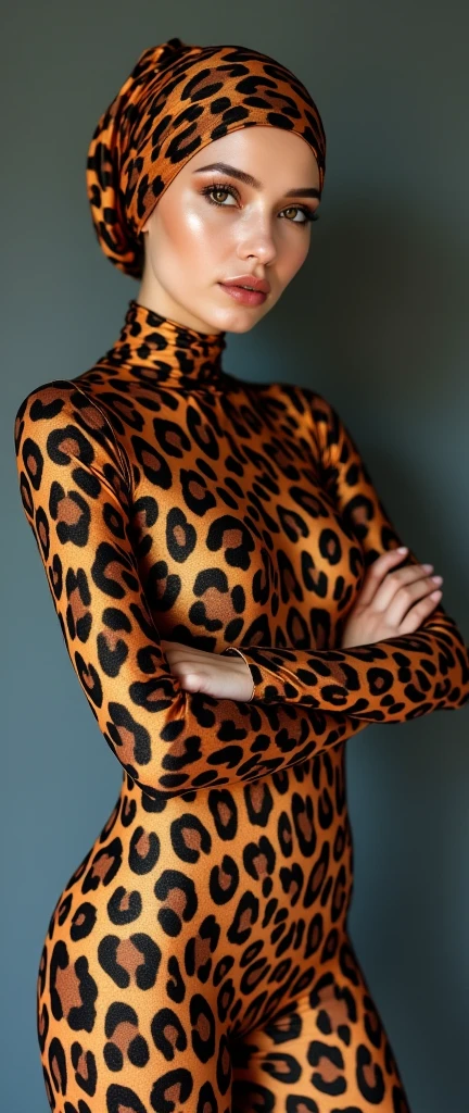 There is a most beautiful Asian Malay beauty wearing a leopard print turtleneck unitard catsuit made of spandex。She wears a leopard print Malay hijab made of spandex every day(zebra-like leopard print hijab)。