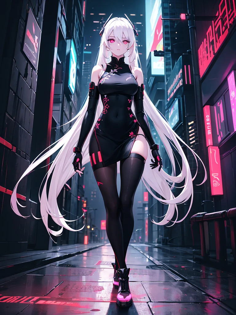 1girl, white hair, long hair, cyber eyes, walk, hight quality, glowing eyes, cyberpunk, cyber arm, glowing tattoo, full body, china dress, black stokings, night city