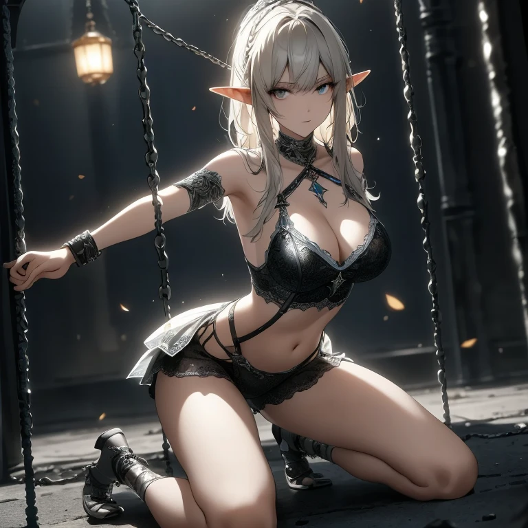 a female elf tortured in a prison cell, kneeling with her legs spread, wearing damaged Nobility elf costume and handcuffs, displaying the genitals, breasts and belly, 精致的面容, swirly vibrant colors, Prison bars, Robapuri style, (best qualityer, 4K, 8k, high resolution, Masterpiece artwork : 1,2), ultradetailed, (realisitic, fotorrealisitic, fotorrealisitic: 1,37), HDR, uhd, studio lighting, ultra-fine painting, sharp focus, physically based rendering, extreme detail description, proffesional, bright coloured, bokeh((SFW)