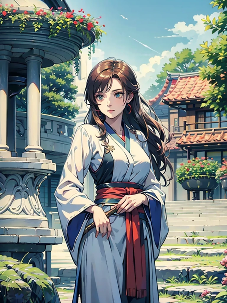 Magnificent View、Floating Island、Hanging Garden、Outdoor、anime、High definition、Miko costume、Holy Maiden、In a garden full of blooming flowers, she is spinning with her right hand stretched upwards, her left hand on her hip, and her chin raised.、Long silver hair（The top of the head is indigo blue、The ends of the hair are red.）、whole body、Jade Eyes、Dance a dance dedicated to the gods