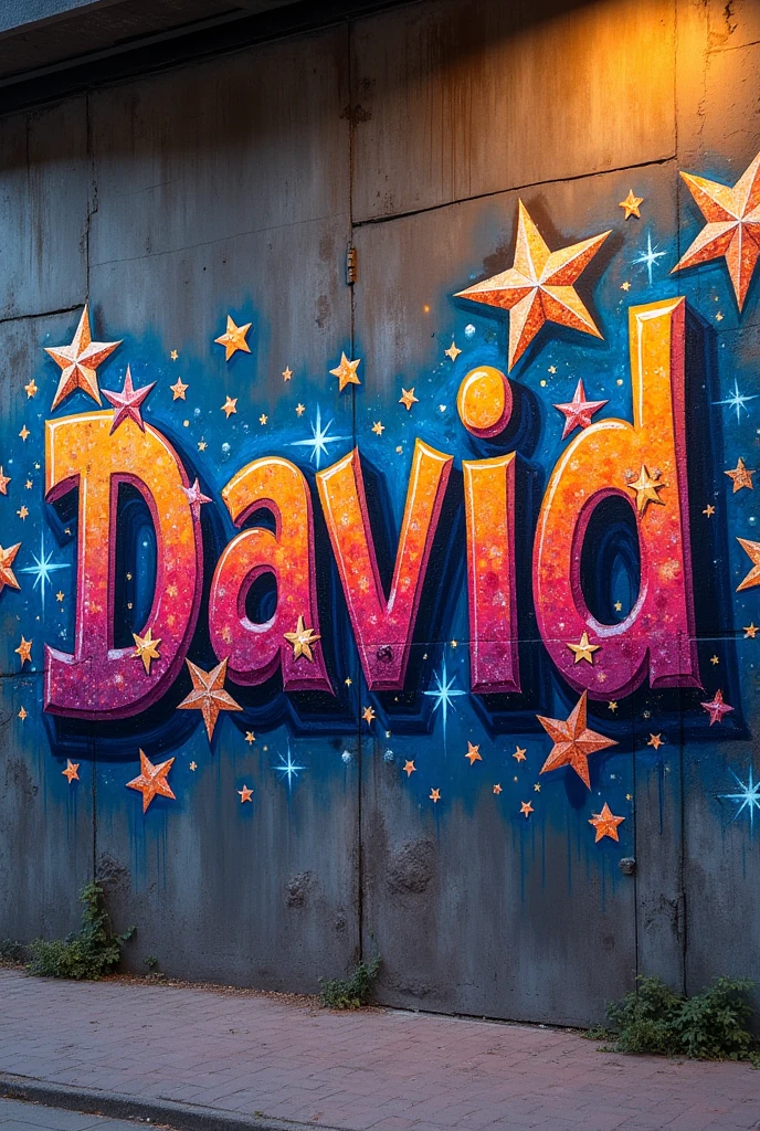 A graffiti on a wall with the name DAVID with special stars
