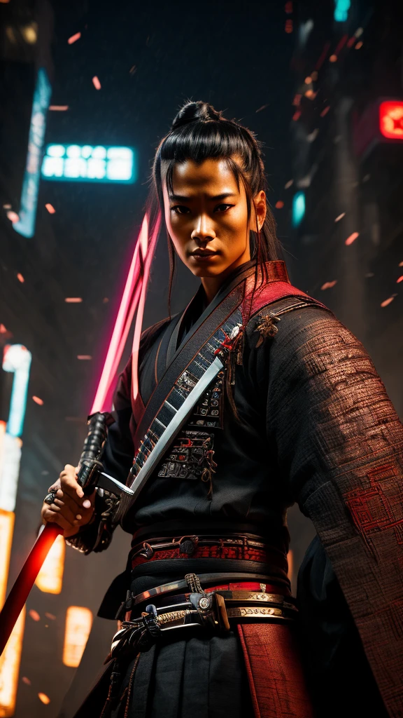 a close up of a person holding a sword in a city, very beautiful cyberpunk samurai, cyberpunk samurai, neon samurai, samurai jedi, portrait of a cyberpunk samurai, [ trending on cgsociety ]!!, sith lord. dramatic lighting, trending on artstation.', andreas rocha style, urban samurai, cyborg samurai, inspired by Kanō Hōgai