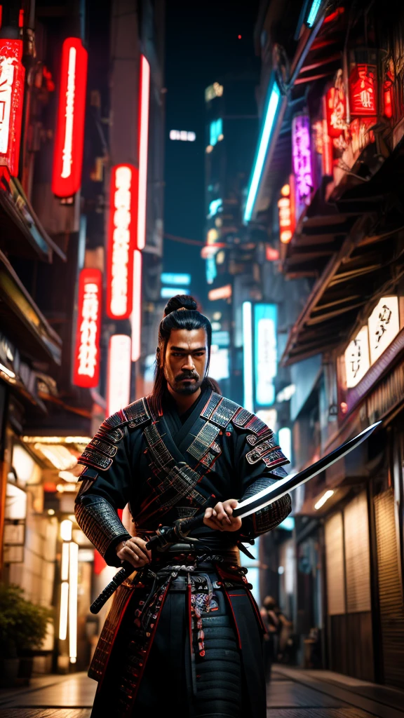 a close up of a person holding a sword in a city, very beautiful cyberpunk samurai, cyberpunk samurai, neon samurai, samurai jedi, portrait of a cyberpunk samurai, [ trending on cgsociety ]!!, sith lord. dramatic lighting, trending on artstation.', andreas rocha style, urban samurai, cyborg samurai, inspired by Kanō Hōgai