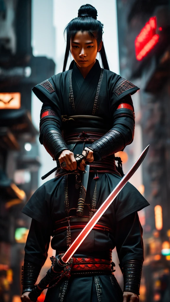 a close up of a person holding a sword in a city, very beautiful cyberpunk samurai, cyberpunk samurai, neon samurai, samurai jedi, portrait of a cyberpunk samurai, [ trending on cgsociety ]!!, sith lord. dramatic lighting, trending on artstation.', andreas rocha style, urban samurai, cyborg samurai, inspired by Kanō Hōgai