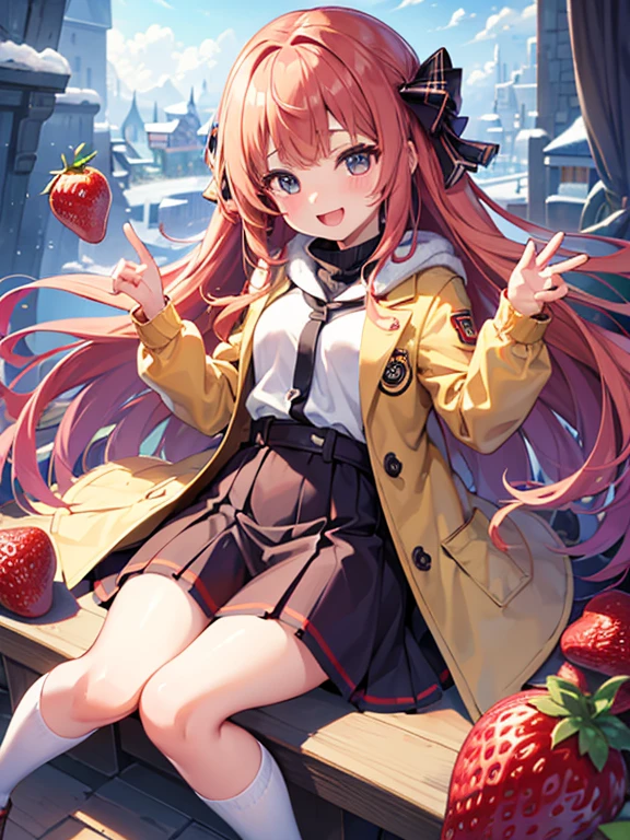 (Highest quality)、(masterpiece)、(Ultra-high resolution)、whole body、ager、Big smile、Strawberry Blonde、long、mini skirt、Knee-high socks、Duffle coat、winterのマフラー、Town、winter、((It's snowing))、(The illuminations are decorated)、((Night view))